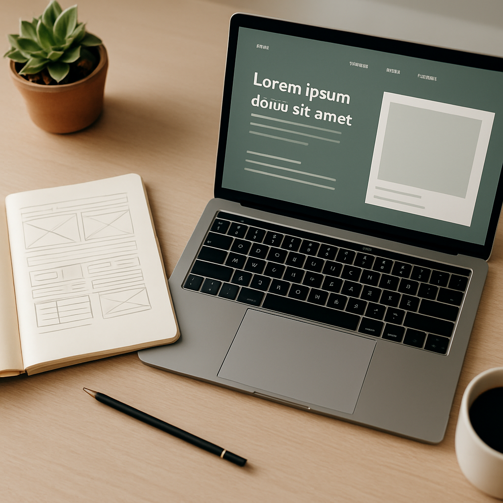 A designer's desk with a laptop showing a website layout, wireframe sketches, and a small plant